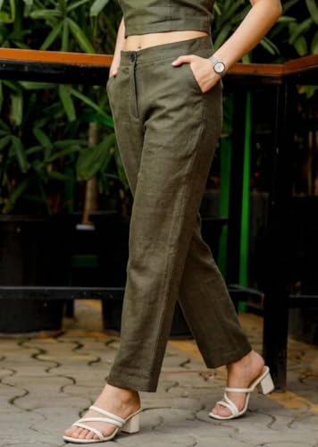 Image of Vogaan Women Cotton Linen Blend Straight Fit Trousers | High Waist Casual Office Pants | Solid Ankle Length Bottom Wear