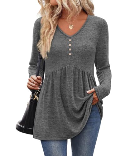 OFEEFAN Long Sleeve Shirts for Women Teacher Shirts Plus Size Tops for Womens Fall Fashion 2025 Babydoll Tops Dark Grey 2Xl
