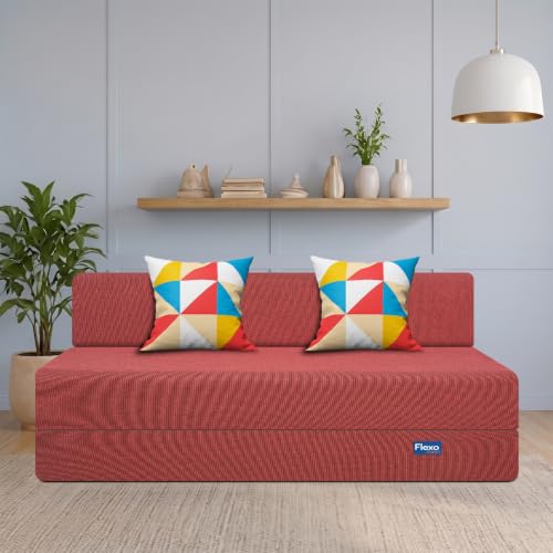 Image of Starlon 3 Seater Foldable Sofa Cum Bed 3-in-1 with 2 Geometrical Pattern Pillows, Washable Jute Fabric Cover, Space Saving Guest Bed, Pre-Assembled Royal Maroon 5x6.25 Ft