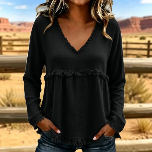 Boho Tops for Women V Neck Fringe Trim Long Sleeve Blouse Relaxed Fit Casual Fall Western Peasant Shirt Tunic Top Boho Blouses for Women Black S - image 7