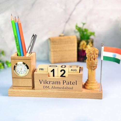 Image of Deskart Customized Multipurpose Pen Holder Stand with Ashok Stambh and Indian National Flag | Premium Wooden Desk Organizer for Office and Occassional Gifting