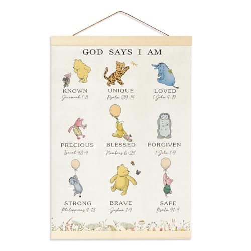 Image of Winnie Biblical Affirmations Wall Art, The Pooh Canvas Wall Art Painting for Room, Wooden Hanging Rod Religious Gifts, Nursery Decoration For Boy or Girl