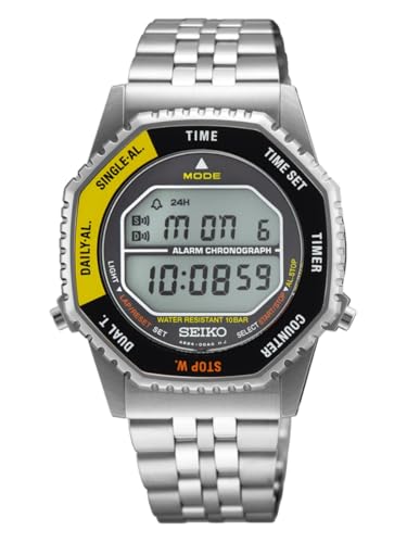 Seiko Montre chronographe numérique Classique pour Homme en Acier Inoxydable 37 mm Bracelet en Acier Inoxydable Argent 10 Bar Écran LCD Deux fuseaux horaires...