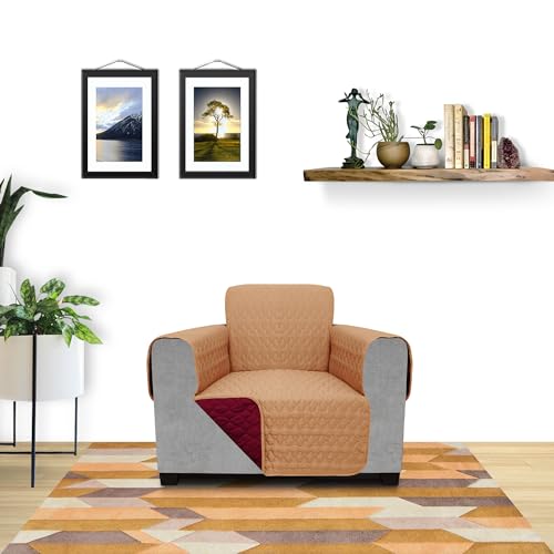 Image of Lithara 3 Layers Soft Quilted Reversible Sofa Cover Single Seater with Pockets | Dust Protective Quilted Fabric Sofa Seat Cover Beige & Maroon