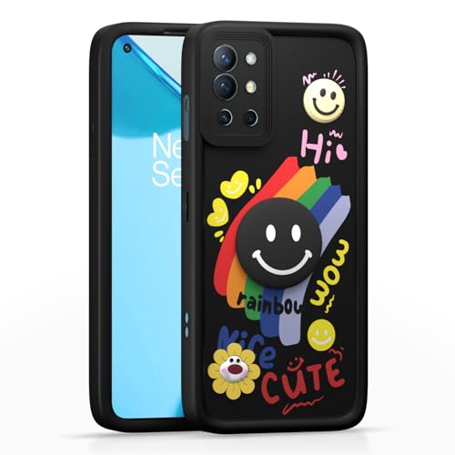 Image of Pikkme Back Cover for OnePlus 8T 5G / OnePlus 9R 5G | Soft Silicone| Cute Rainbow Smile & 3D Cartoon Flower Design | Shockproof Raised Camera Protection Bumper Case (Black)