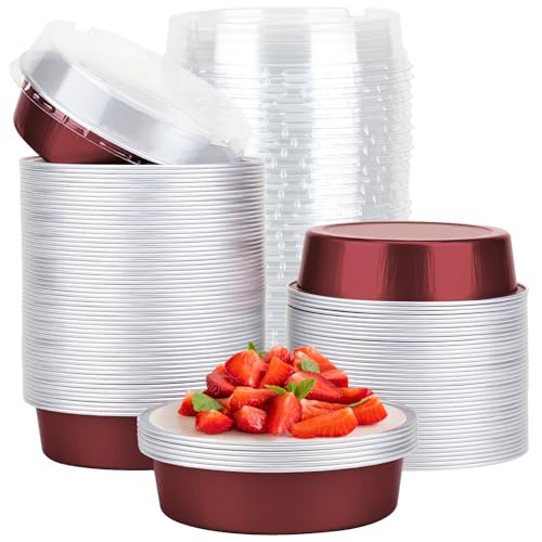 Beasea Disposable Mini Pie Tins with Lids, 100 Pack 4” 7.3oz 215ml Small Round Aluminum Baking Tart Foil Container for Individual Dessert Cupcake Cheesecake Ramekin Quiche Oven Dishes - Wine Red