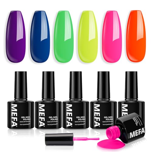 MEFA Gel Nail Polish Set, 6 Colors Neon Gel Polish Set Soak Off UV Gel Pink Nail Gel Manicure Nail Art Salon DIY Home