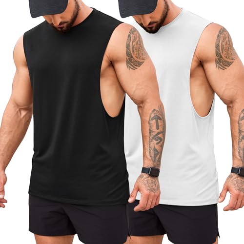 COOFANDY Men's Gym Tank Tops Bodybuilding Muscle Vest Workout Summer Fitness Sleeveless T Shirt Black White M