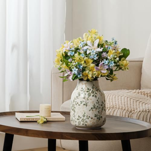 Image of Ceramic Flower Vase | Green Rustic Farmhouse Vase for Home Decor, Vintage Floral Tuscan Decorative Pottery Vase for Living Room & Kitchen, Centerpieces, Mantel & Bookshelf, Entryway, Wedding(7.8 Inch)