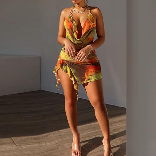 Women Sexy Sheer Halterneck Mini Dress Hollow Out Colourful Mesh Floral Dress for Beach Party Night2