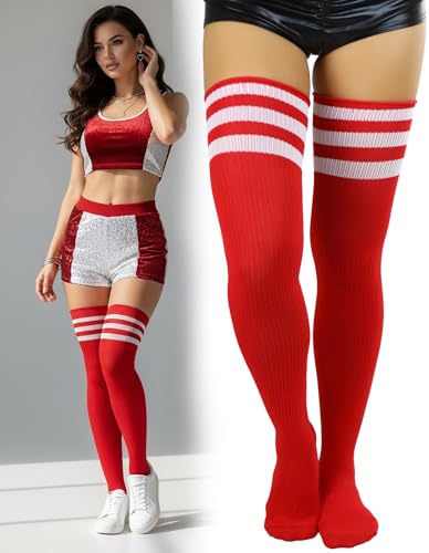 Image of ToBeInStyle Women's Heavyweight Knit Thigh High Long Socks w /Contrast 3 Stripe Top Band