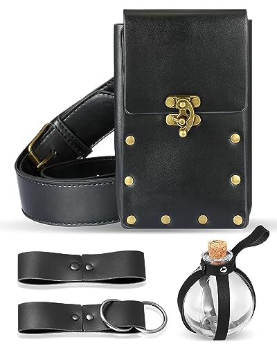 Sweetude 5 Pcs Renaissance Belt Pouch Waist Bag Medieval Skirt Hike Strap Cork Potion Bottle for Halloween Cosplay Party(Black)