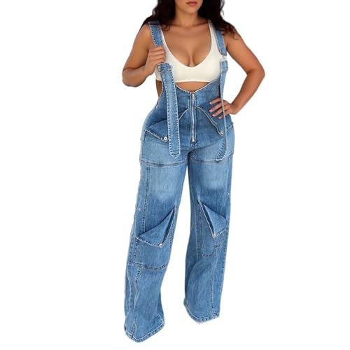 Salopette en jean bleu femme à jambes larges et coupe ample réglable