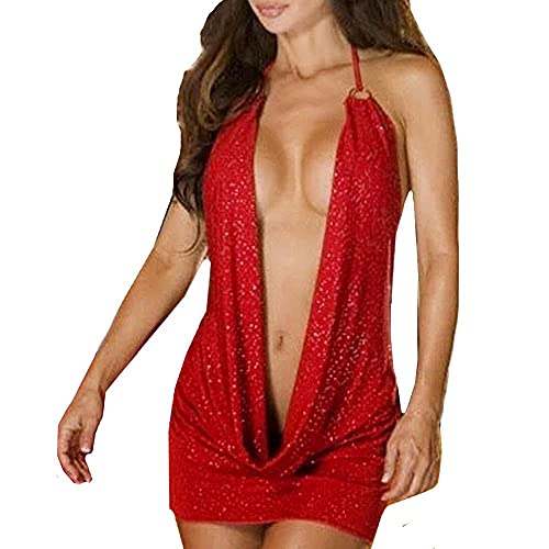 Women's Sexy Lace Lingerie Set See-Through Teddy Babydoll Fishnet Bodysuit Pajamas Underwear for Sex Play B15 Red