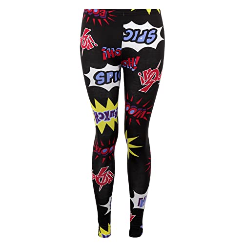 Missloved Damen-Leggings mit Comic-Pow-Motiv, Superhelden-Druck, dehnbar, Größen 36-52, Schwarz , 34-36