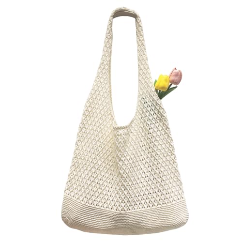 Crochet Tote Bag for Women, Cute Crochet Mesh Beach Bag Summer Beach Tote Bag Summer Vacation Aesthetic Boho Knit Bag for Women (Beige)