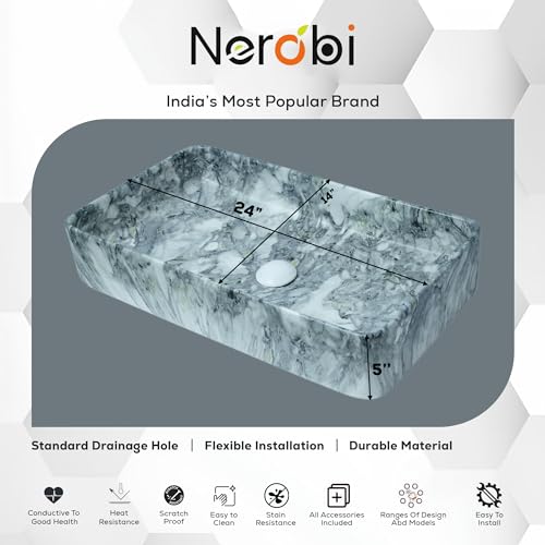 Image of Marble Ceramic Tabletop Wash basin | Countertop Vessel Sink | Wash Basin over counter For Bathroom Hotel Home | Bathroom Sink (24 x 14 x 5 Inch) (Marble Blue)