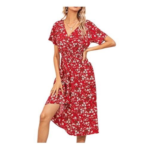 AiBaiLe 2024 New Women's V Neck Floral Long Dress,Summer Casual Loose 3/4 Sleeve Dresses,Fashion Flowy Beach Waist Dress (Red, L)