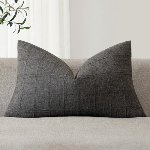 Foindtower Set of 1 Decorative Linen Check Throw Pillow Cover Neutral Farmhouse Lumbar Cushion Cover Modern Boho Home Decor for Sofa Chair Couch Bedroom Living Room,12×20 Inch,Charcoal