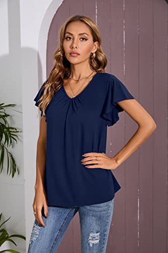 Iandroiy Women's Short Sleeve V Neck Pleated T Shirts Summer Loose Fit Basic Tunic Casual Top Tees (Large, Navy Blue) #TOP2