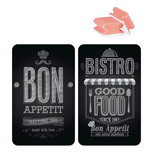 Wenko Protection Plaque de Cuisson, Plaque de Protection en Verre Bon Appetit, 3en1, Lot de 2 éponges offertes
