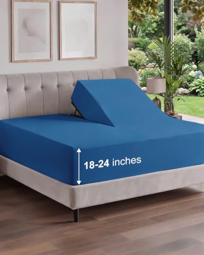 Image of Extra Deep Flex Top Split Head King Fitted Sheet - Hotel Luxury Single Fitted Sheet Only - Easily Fits 18 inch to 24 inch Mattress - Ultra Soft, Wrinkle Free w /Extra Deep Pockets - Denim Blue