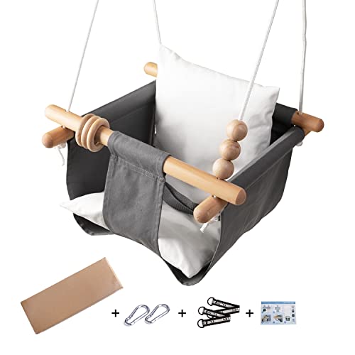 Baby Swing Outdoor And Indoor, Wooden Hanging Swing Seat For Toddler Boys Girls, Infant Hammock Swing Chair For Tree And Backyard Outside, Gray+White #TOP6