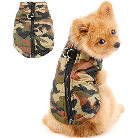 PAIDEFUL Waterproof Camo Small Dog Winter Coat Quilted Vest Jacket Harness with D-ring Puffer Coat for Puppy Chihuahua Clothes Cold Weather Boys Large Cat Apparel Pet Snowsuit Windproof Army Green Cover