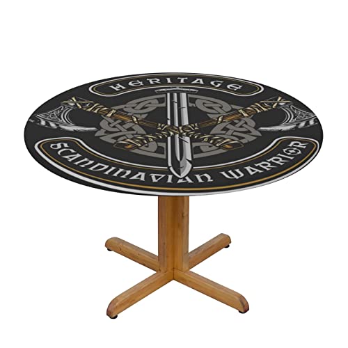Lsjuee Round Fitted Tablecloth 40-44in Elastic Edged Table Cloth for Kitchen Dining Party Home Decor - Viking Symbol Axe Black