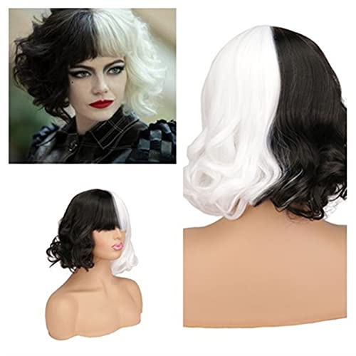yeacher Preto e Branco Peruca Curta Ondulada Sintética Peruca Curta Ondulada Ombro Feminino Full Ban