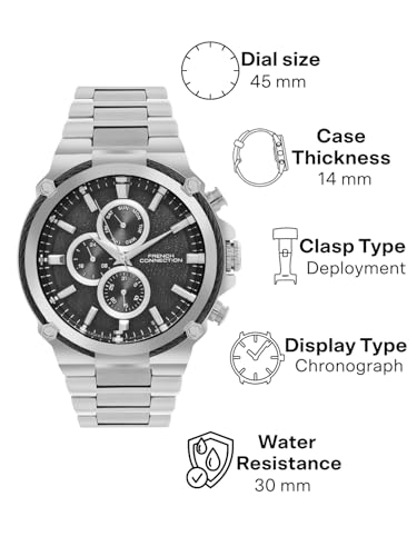 Image of French Connection Astro Multifunction Black Round Dial Stainless Steel Strap | Casual | Premium | See Through Feature | Sunray Feature Wrist Watch for Men - FCH18BSM