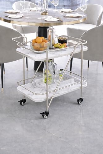 Image of Brown Art SHOPPEE 2 Tier Solid Metal Bar Trolley Serving Trolley Coffee Table Bar Trolley Serving with Wheel Home and Restaurant Mobile Cart for Food Serving Table for Living Room (Silver & White)