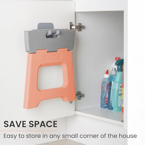 Image of Vigar Compact Folding Step Stool, 12-1 /2 in, Orange | 12-1 /2 in Foldable Stool, Lightweight Portable Design, Handle, Non Slip Surface, Space-Saving, Supports up to 330 lb