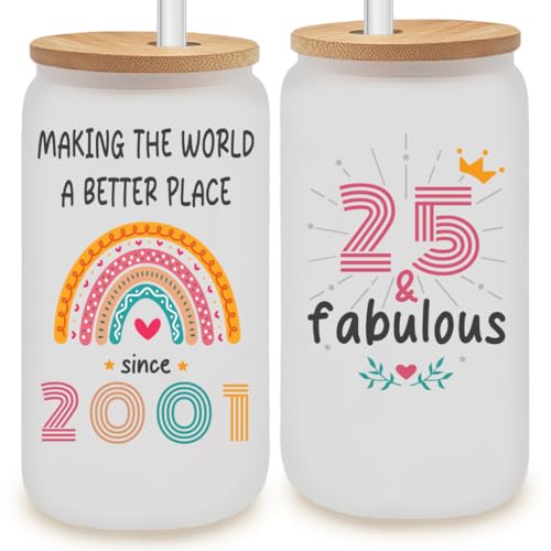 25th Birthday Gifts For Her, Him - Gifts For 25 Year Old Female, Male - 2001 Birthday Gifts For Women Men - 25 Birthday Presents For Her - 25th Birthday Gift Ideas - 2001 Birthday Frosted Glass