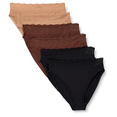 Amazon Essentials Women's Peached Microfiber with Lace Trim High Waisted High Leg Panty, Pack of 6, Black/Rich Hazel/Washed Bronze, Large