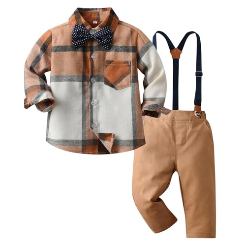 Ensemble à carreaux garçon avec chemise nœud papillon et pantalon à bretelles chic pour enfant