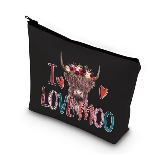 PLITI Highland Cow Makeup Bag Cow Lover Cosmetic Bag Farm Girl Gift I Love Moo Funny Cow Saying Gift for Girlfriend Wife (I Love Cow blU)