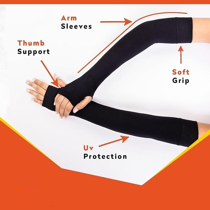 Sun Protection Arm Sleeves for Men & Women, UPF 50 Arm Cover for Biking,Cricket,Cycling, Golf, Outdoor Sports Made with Combed Cotton (Black, Pack Of 2)