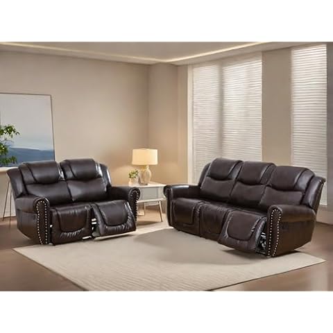 FONTOI Power Recliner Sofa, 2 Pieces Reclining Loveseat Leather Couch Set, 3 Seater Upholstered Reclining Sofa for Living Room Furniture Sets, Red Cover
