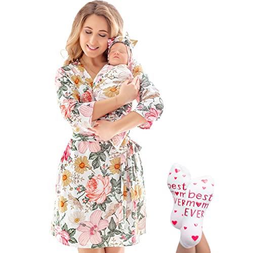 Image of ECO BABY Mommy and Me Robe and Swaddle Set | Maternity Robe and Matching Baby Set for Girl, Boy | Hospital Labor and Delivery