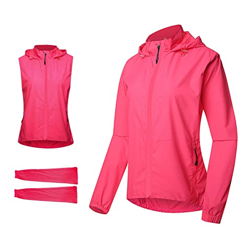 Fahrradjacke Damen Wasserdicht Atmungsaktiv Fahrradweste Sommer 2 in 1 Radjacke mit Abnehmbaren Ärmeln UV-Schutz Reflektierend Radlerjacke Frauen Leichte Laufjacke(Size:L,Color:Rosa) Cover