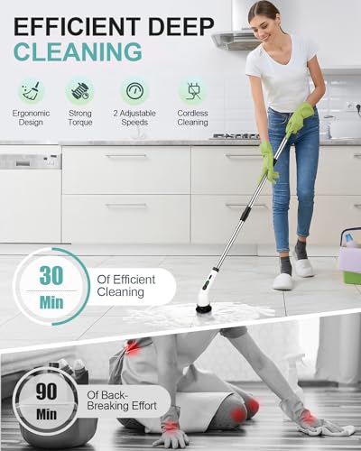 Electric Spin Scrubber, Cordless Cleaning Brush with 2H Power Dual Speed, Adjustable Extension Handle 9 Replaceable Brush Heads, IPX7 Waterproof for Bathroom Tub Tile Floor Car - Image 3