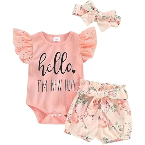 DUBASAM Newborn Baby Girl Hello I’m New Here Clothes Lace Sleeve Knit Romper Floral Shorts Bloomer Headband Summer Coming Home Outfit (Pink, Newborn) Cover