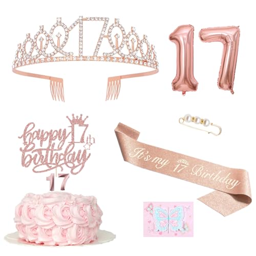 Decoração de aniversário de 17 para menina, coroa de aniversário e faixa de número 17, decoração para bolos e velas, balões de papel de alumínio rosa dourado 17, 17. Presente para meninas para