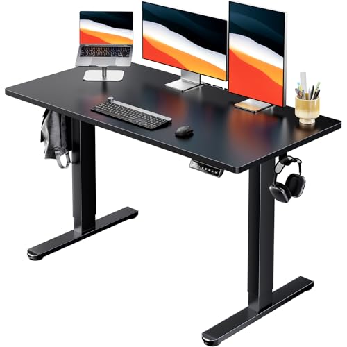HUANUO Electric Standing Desk, 48″ x 24″ Whole Piece Desktop, Adjustable Height Computer Desk, 4 Height Memory Settings, Sit Stand Up Desk for Home Office, Black