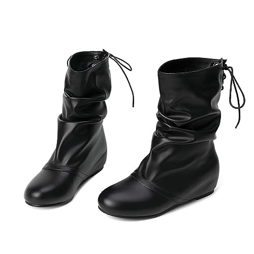 Women's Pleated Lace Up Flat Mid Calf Boots,Fashion Soft Leather Low Hidden Wedge Boots Comfort Slip On Non-slip Classic Riding Booties Casual Fall Winter Walking Travel Shoes4