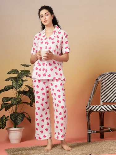 Image of Night Suit for Women's| Heart Printed Cotton Night Dress| Half Sleeves Shirt and Pajama Set(White& Red-Xs)