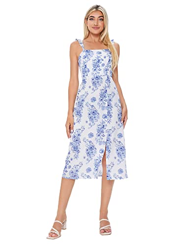 Soly Hux Women Summer Floral Square Neck Ruffle Slit Corset Fitted Midi Dress Blue And White S #TOP4