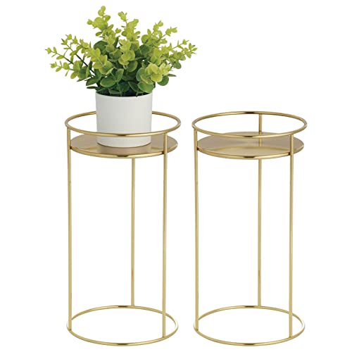 Mdesign Metal 15-Inch Tall Circular Plant Stand, Planter Holder Contemporary Design Round Tray For Table, Garden; Holds Indoor/Outdoor Plants, Flower Pot - Concerto Collection - 2 Pack - Soft Brass #TOP10