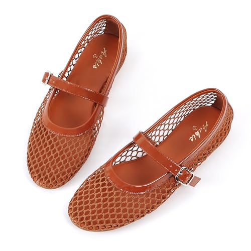 Image of Ankis Mesh Ballet Flats for Women, Black Mesh Flats Buckle Strap Mary Jane Ballerina Flats Women's Fishnet Flat Sandals Shoes for Dressy Summer